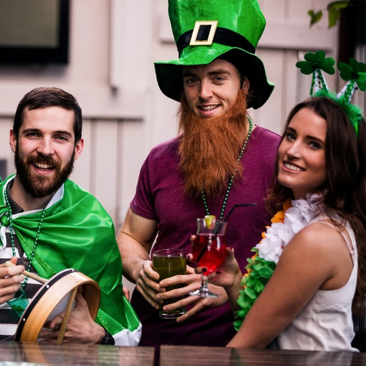 Sombrero de copa del Día de los Saint Patricks, traje de celebración verde de barba falsa, suministros de decoración de fiesta de cumpleaños,