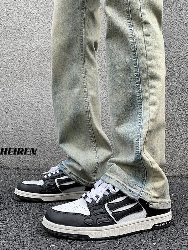 กางเกงยีนส์ผู้ชายสไตล์เรโทรอเมริกัน ทรงสลิมฟิต สีเหลืองเคลือบดิน ย้อมสีแบบไมโครเฟลร์ ทรงตรงขายาว