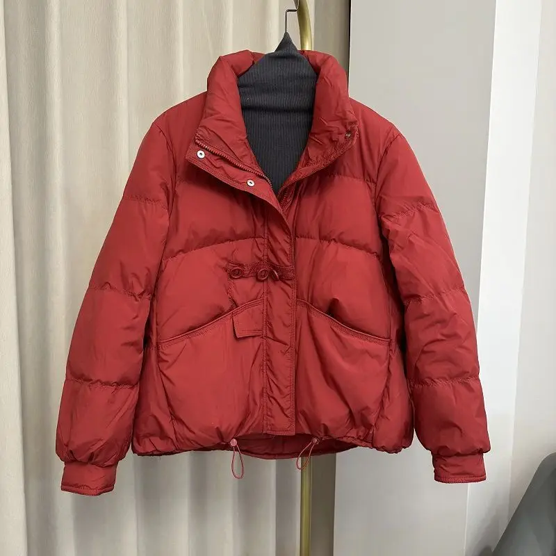 Korean version loose white duck down down jacket short women's jacket 2025 warm three button stand up collar light and thin