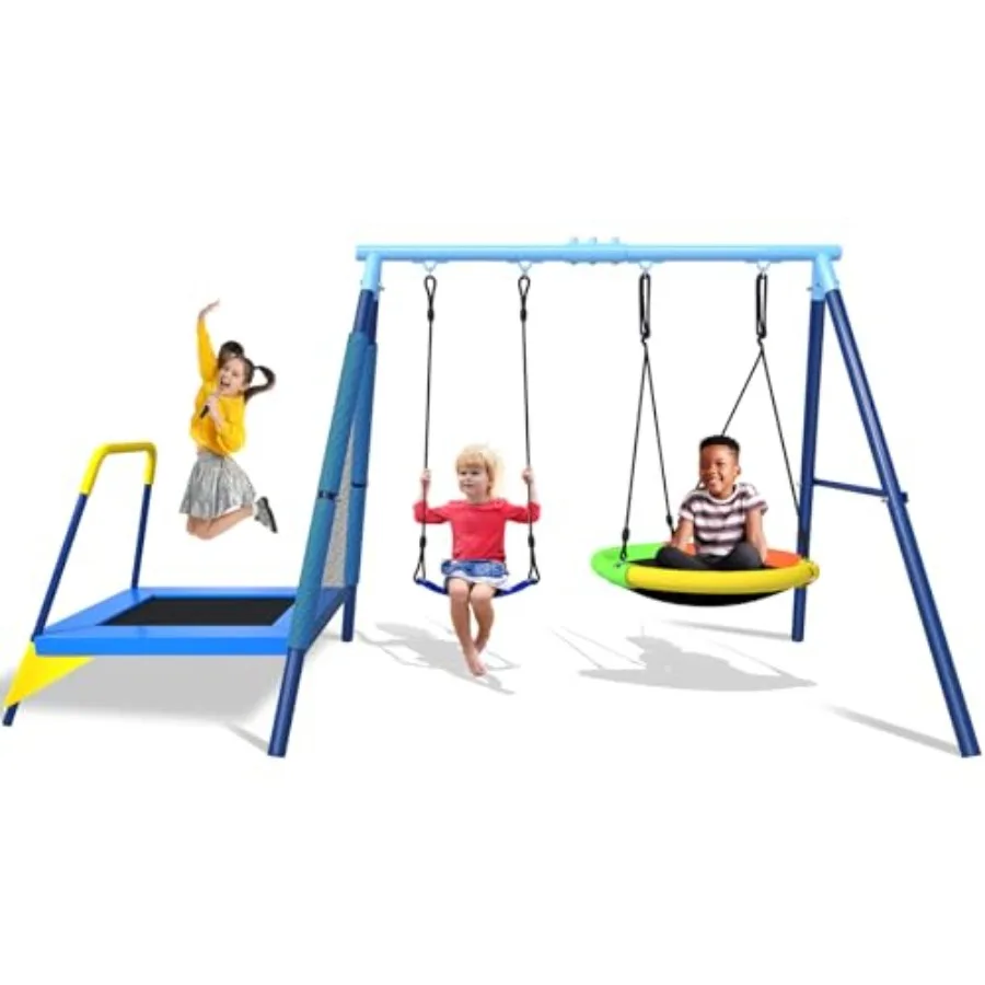 

Уличный игровой комплекс 3-в-1 с качелями-тарелкой, сиденьем на ремне и батутом 4 фута, грузоподъемность 440 фунтов, прочная металлическая А-образная стойка и сиденье