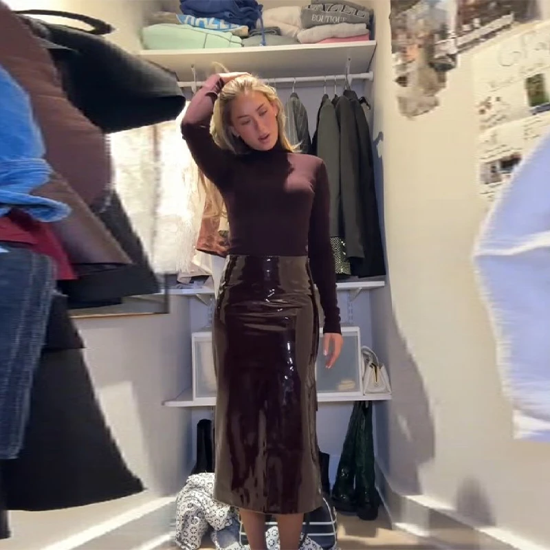 

Блестящая винтажная бордовая длинная юбка для женщин с низкой талией на молнии, облегающая юбка с высоким воротом, свободная куртка 2025 года, новая женская праздничная одежда