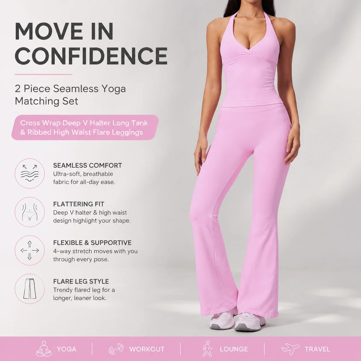 Cross Wrap Deep V Halter Long Tank & Ribbed High Waist Flare Leggings 2 Piece Seamless Yoga Matching Set
