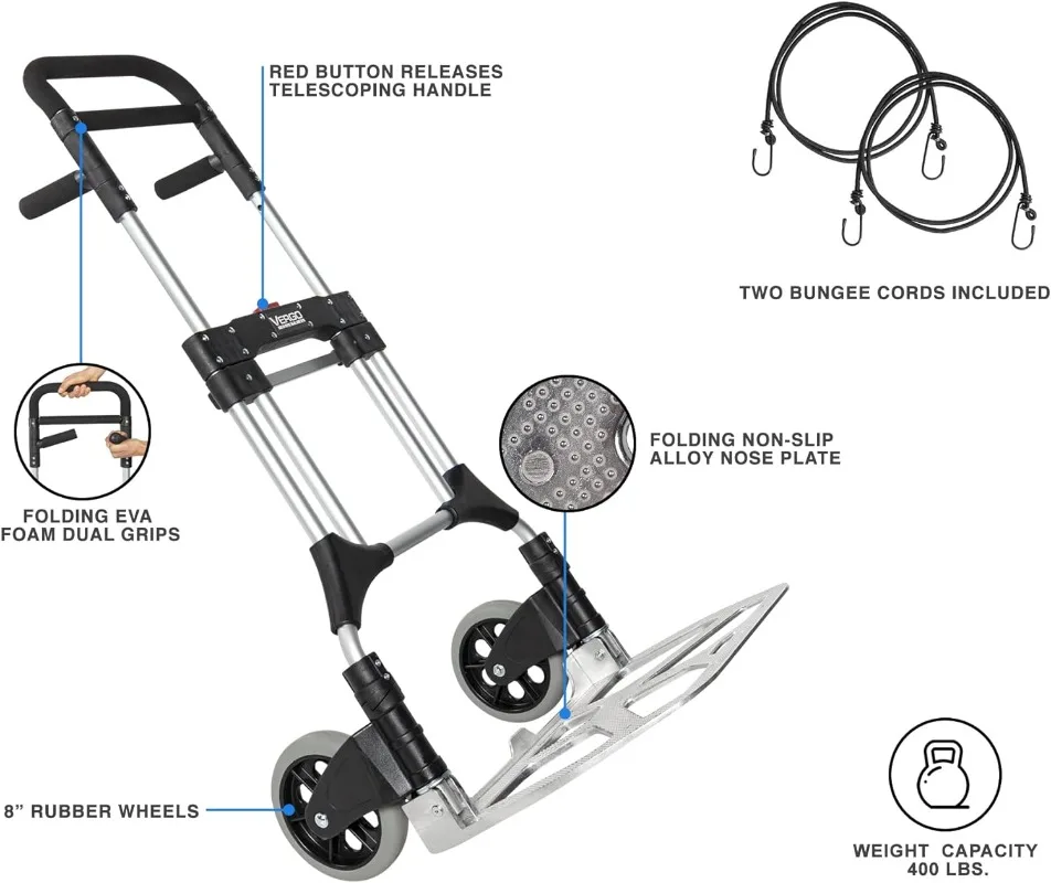 400 lb Capacity Heavy Duty Folding Hand Truck Dolly Cart with Telescoping Handle, Aluminum Foldable Cart with Wheels (S300L)