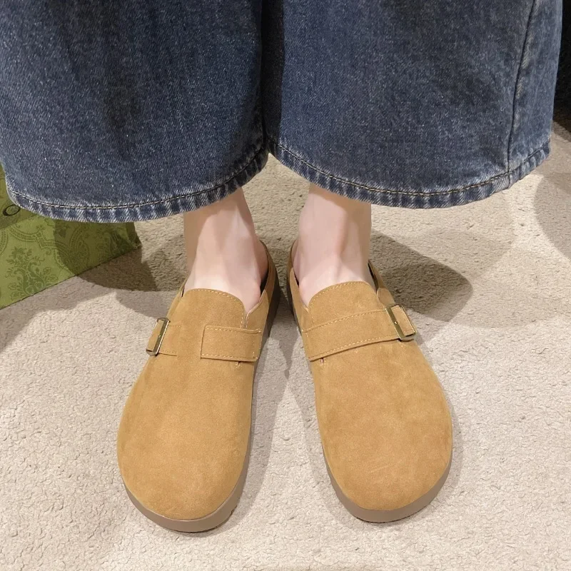 النساء الخريف والشتاء شقة الجلد المدبوغ عدم الانزلاق غطاء ارتداء بلون الرجعية نمط المنزل في الهواء الطلق عارضة المشي نصف النعال #4