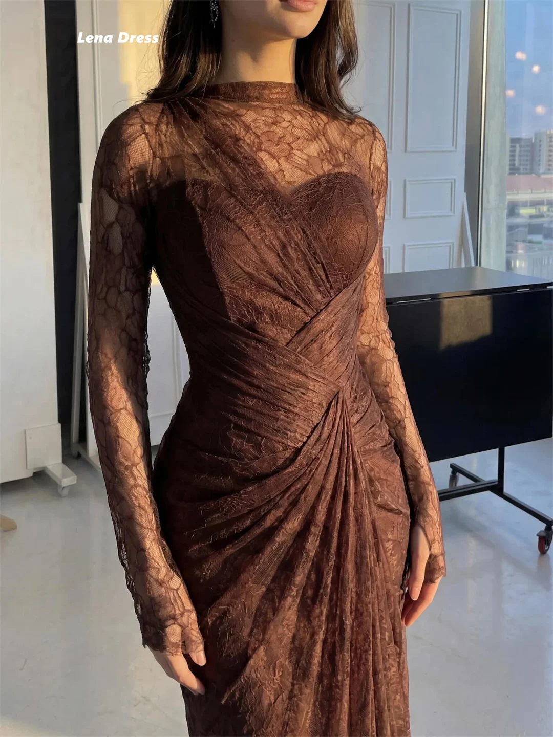 Lena Embroidered Lace Evening Dresses for Luxury Party Dress Round Neck Elegant Woman Dress Brown Customized Long Sleeves Women