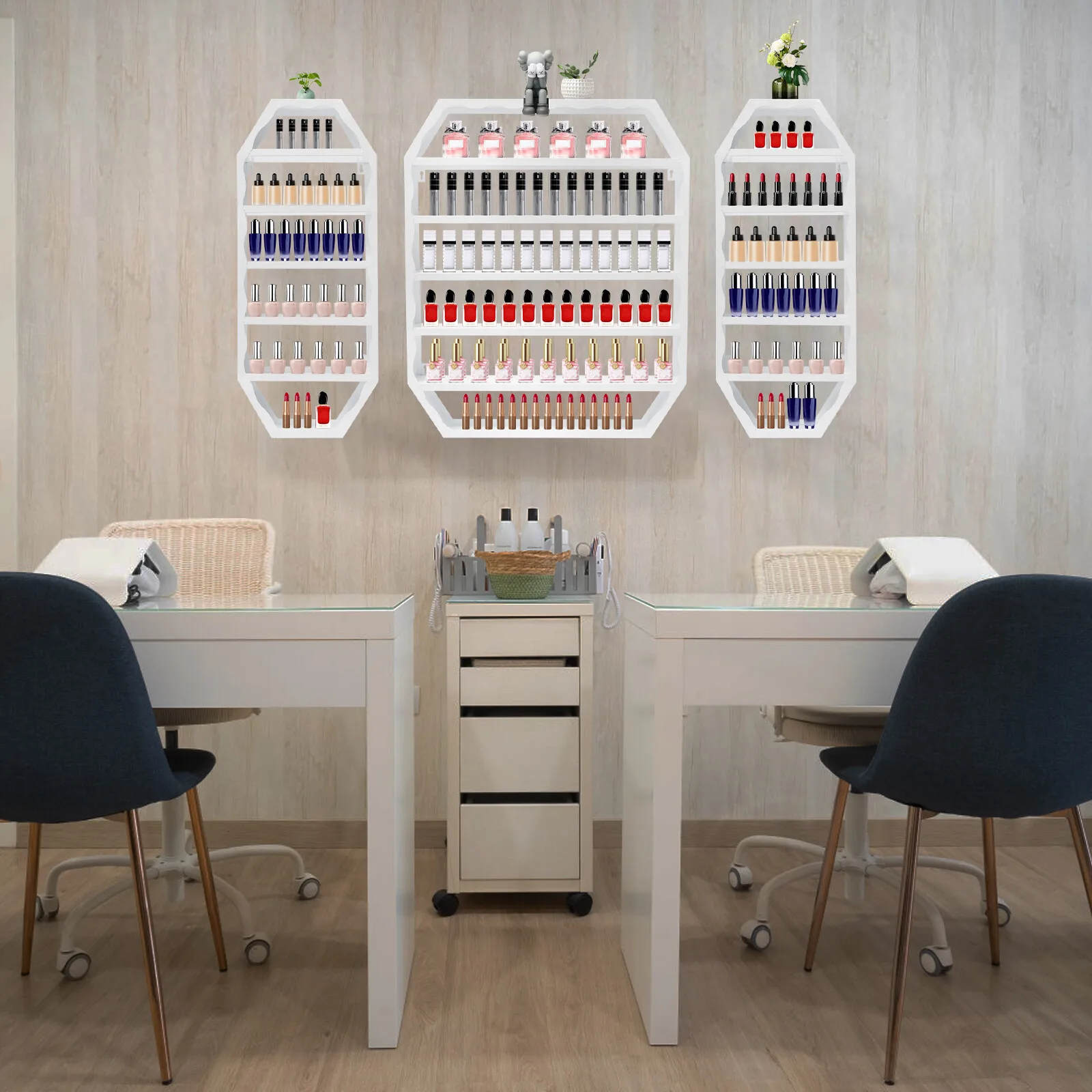 3Pcs Nail Polish Display Rack, Wall-Mounted Nail Polish Storage Rack Iron Nail Polish Organizer with 1 Middle Rack & 2 Side Racks, Nail Polish Display Stand Nail Polish Holder Shelf (White)