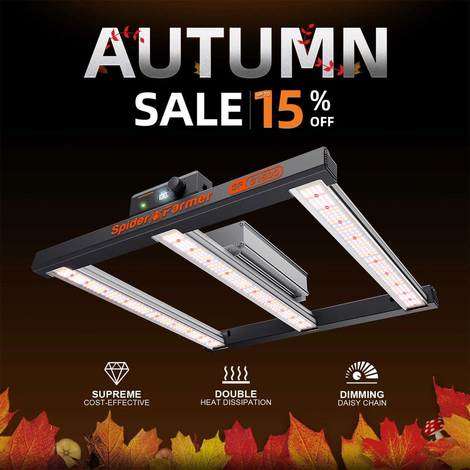 2026 Spider Farmer G1500 LED Grow Light 150W Dimmable Cost Effective Full Spectrum High Yield for 1x1m Grow Tent