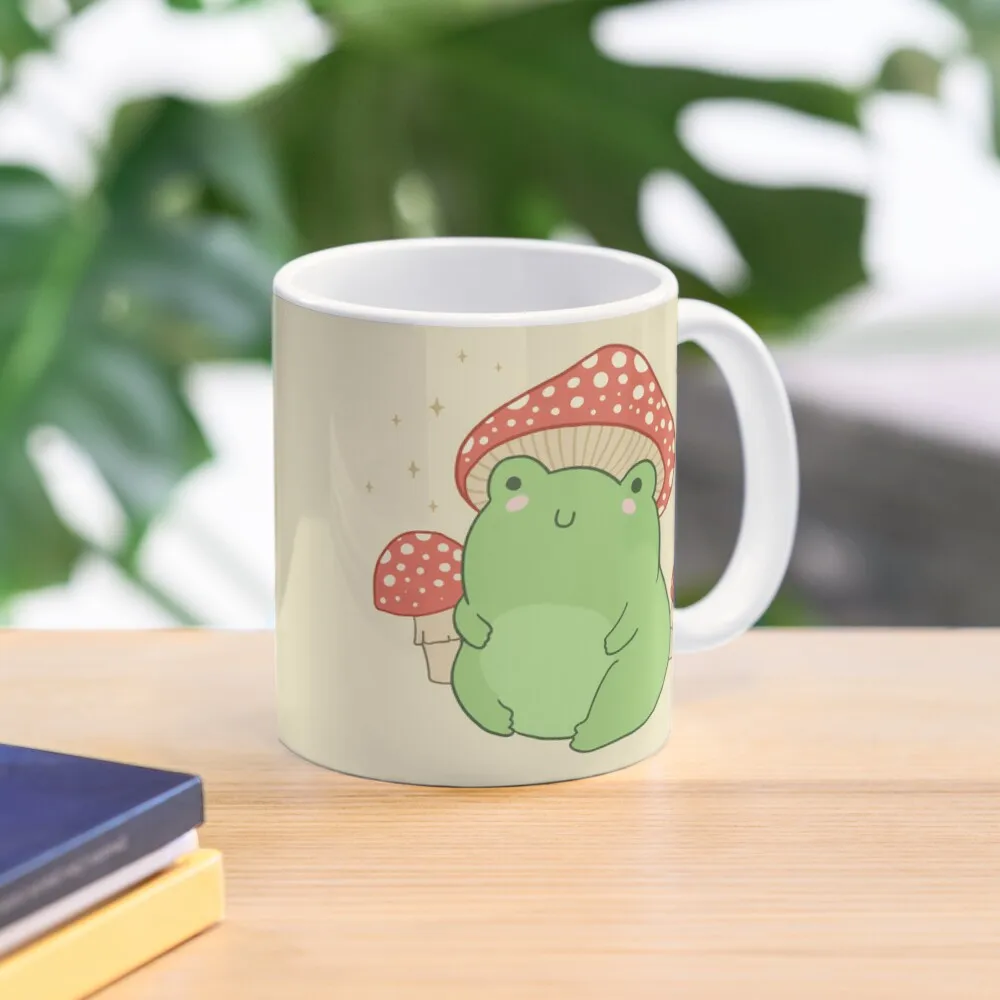 

Kawaii Frog with Mushroom Hat and Toadstools - Cottagecore Aesthetic Froggy - Chubby Amanita Muscaria Forest Themed F Coffee Mug