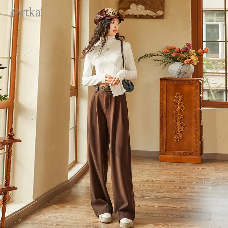 ARTKA 2023 Winter New Women Pants Fashion Casual High Waist Drapping Straight Trousers Long Loose Pants With Belt KA92133D