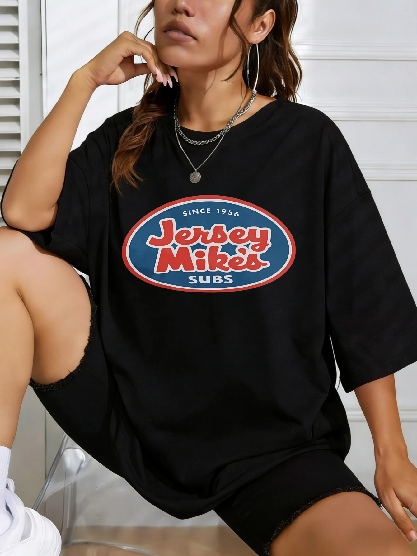 

Женская хлопковая футболка Jersey Mike's Subs с принтом, стандартного кроя, с короткими рукавами, летняя, повседневная, с графическим рисунком, для нее