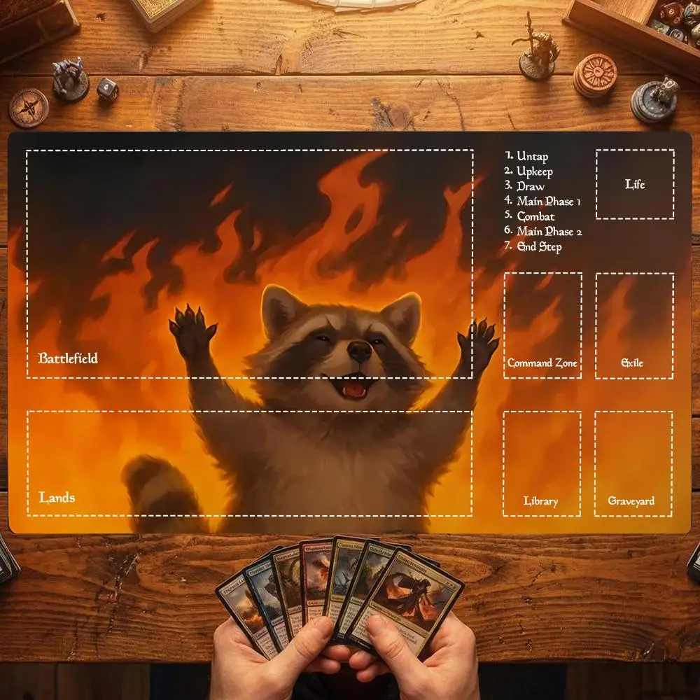 Burning Flame Raccoon Mouse Pad Card Playmat Stitched with Magic Zones Game Mats Tabletop for MTG/TCG Battle Mat