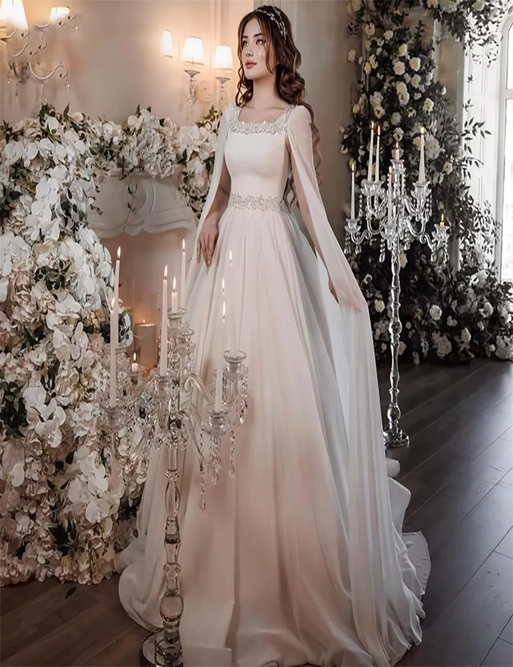 Vintage A Line Formal Wedding Gowns Long Cape Sleeves Glitter Beads Sequare Collar  Bridal Dresses  Draped Bride Gown