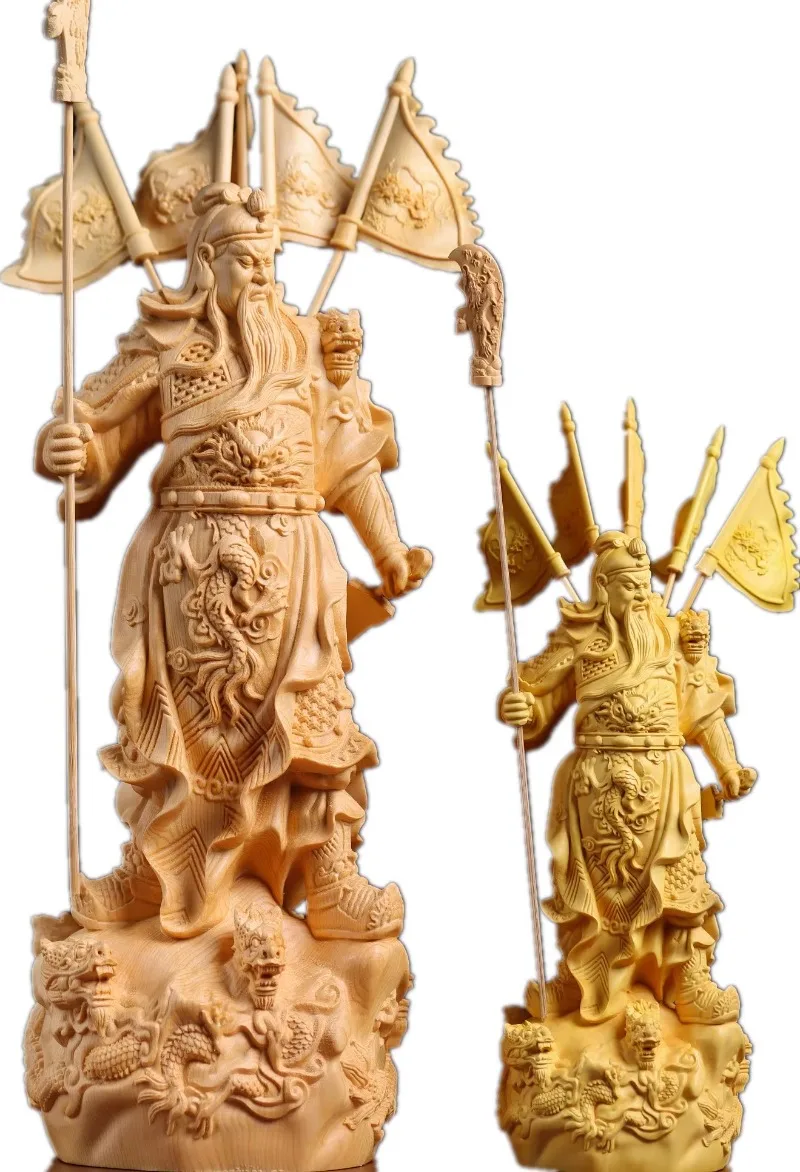 Hand Carved Wooden Guan Gong Statue Figurine w/ Five Flags - God of War Wealth Protector Ornament Home Office Shop Decor Gift - Image 5