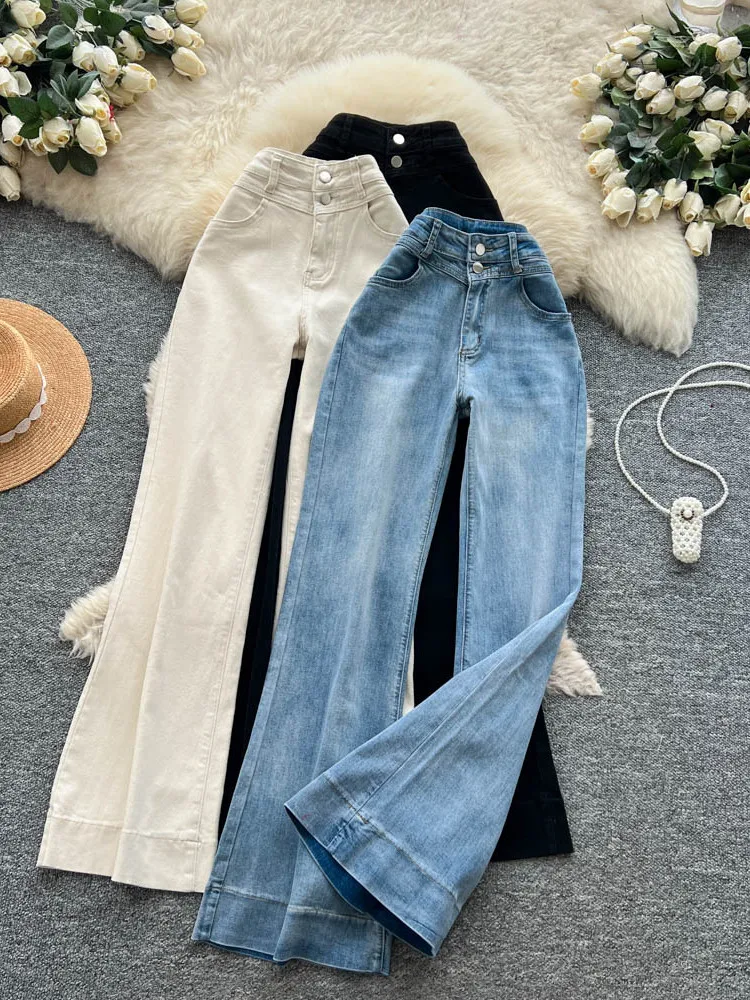 

Женские джинсы с высокой талией в стиле ретро, широкие, свободные, стройнящие, модные, прямые, длинные брюки, весенние, повседневные, с вышивкой.