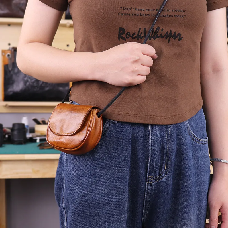 Vintage Vegetable-Tanned Leather Card Holder Coin Purse Genuine Cowhide Crossbody Bag Women's Cute Daily Essentials