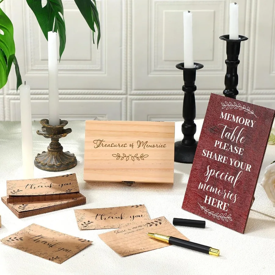 احتفال بطاقات الذاكرة للحياة، مشاركة صندوق خشبي للذاكرة، لافتة طاولة خشبية مع أقلام 60 قطعة، بطاقات تذكارية، إبقاء جنازة #5