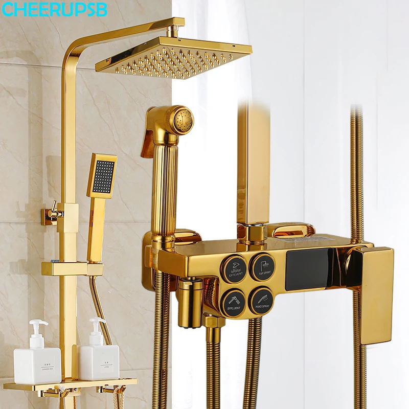 Luxury Gold Rain Shower Set Bathroom Hot Cold Thermostatic Mixer Shower System Bathtub Wall Mount SPA Rainfall Large Head Faucet