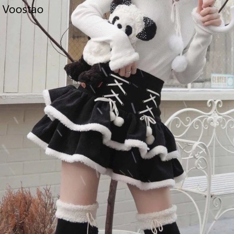 

Y2k Lolita Style Corduroy Skirt Women Harajuku Plush Patchwork Black White High Waist Party Mini Skirts Girls Cute Bandage Skirt