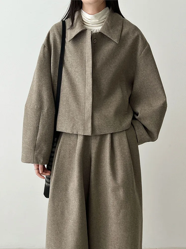 WHTREND 2-delige sets voor dames mode turn-down kraag wollen jas jas + rechte wijde pijpen broek herfst winter nieuwe WH1851