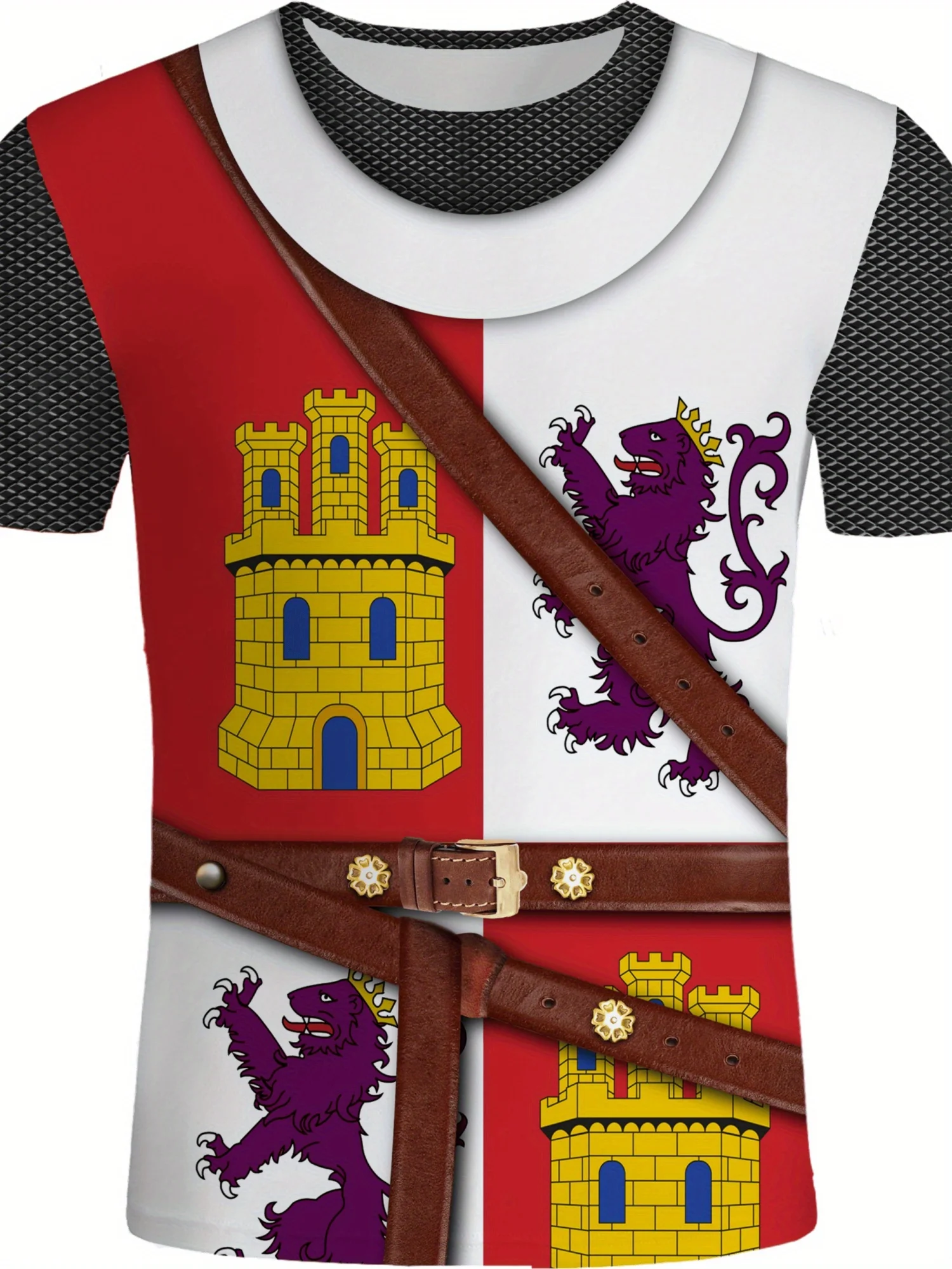 Men's Retro Medieval Knight 3D Print T-Shirt - Short Sleeve, Red & White Geometric Design with Castle & Dragon Emblem