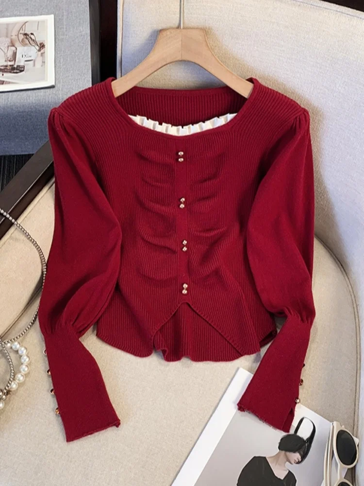 

Red V-Ne Bubble Sve Knitwear Women's Autumn Winter Faion New Base irt Design Sense Top Ladies Long Sve Sweater