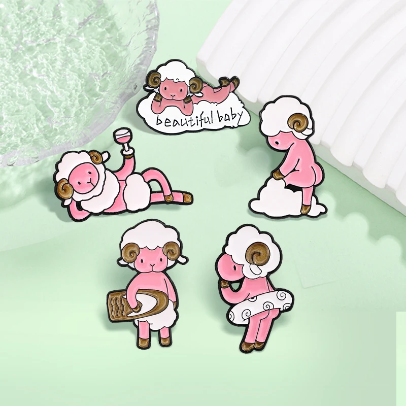 Cute Anime Pink Lamb Sheep Enamel Pins beautiful baby Swimming Surfing Vacation Brooch Hat Bag Badges Jewelry Gift for Kids