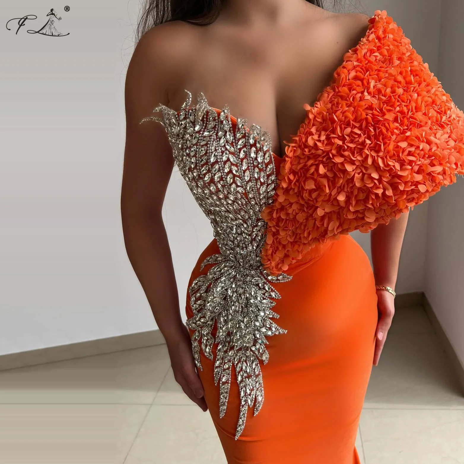 Kristall Meerjungfrau Kleid Orange Asymmetrische Schulter Abendkleid Sexy Tiefem V Cocktail Prom Kleid Party Urlaub Kleid Anpassbare