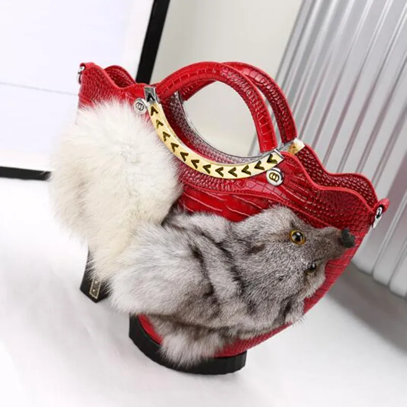 Autumn and winter new fox fur handbag personality creative high heels model hand-held diagonal bag