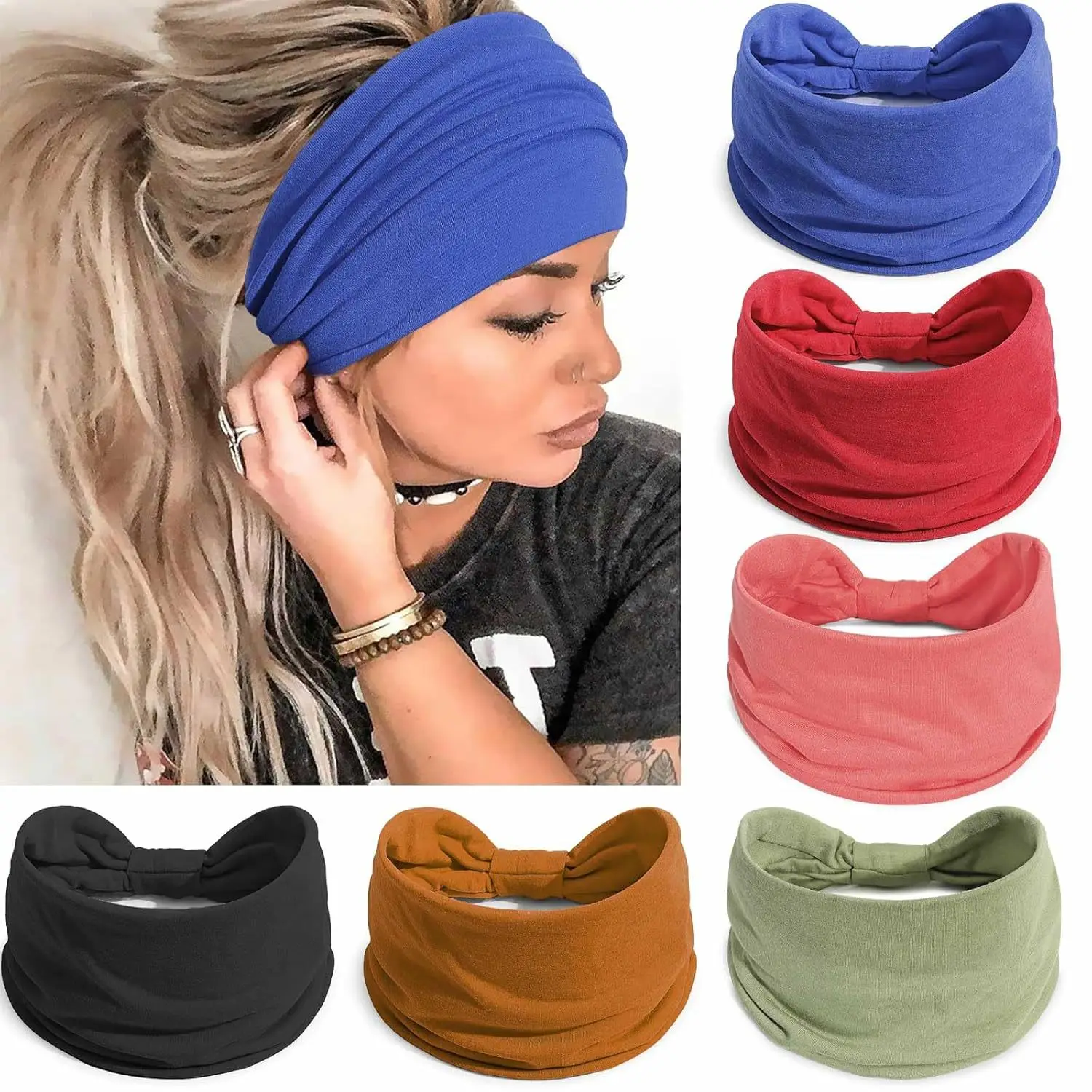 Neue Boho Einfarbig Breite Stirnbänder Vintage Knoten Elastische Turban Headwrap für Frauen Mädchen Baumwolle Weiche Bandana Haar Zubehör – Detail 2