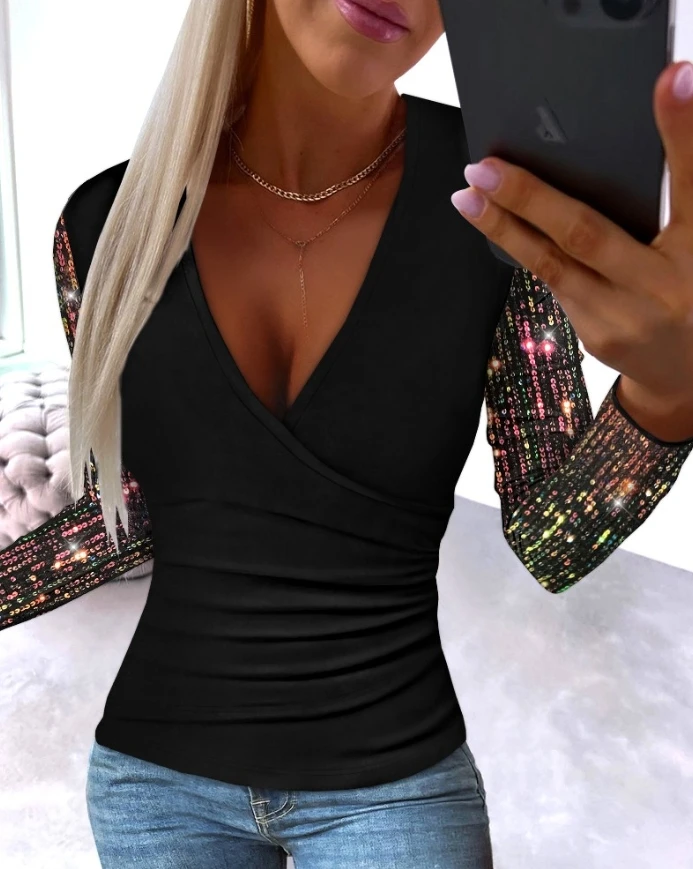 Women's Tops Trendy Commuting V-Neck Slim Ruched Design Contrast Sequin Long Sleeve Blouse Daily Casual Pullover Skinny Tee Top