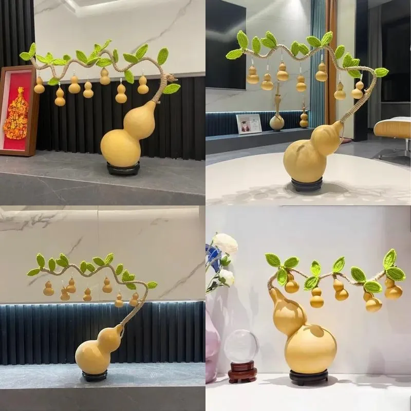 Handmade Natural Gourd Tree Lucky Feng Shui Ornament with Crocheted Leaves for Living Room and Bedroom Home Decor