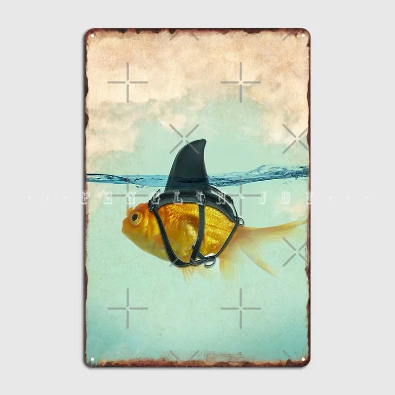 Brilient Disguise Goldfish With A Shark Fin Metal Plaque Poster Mural Painting Personalized Club Bar Tin Sign Posters