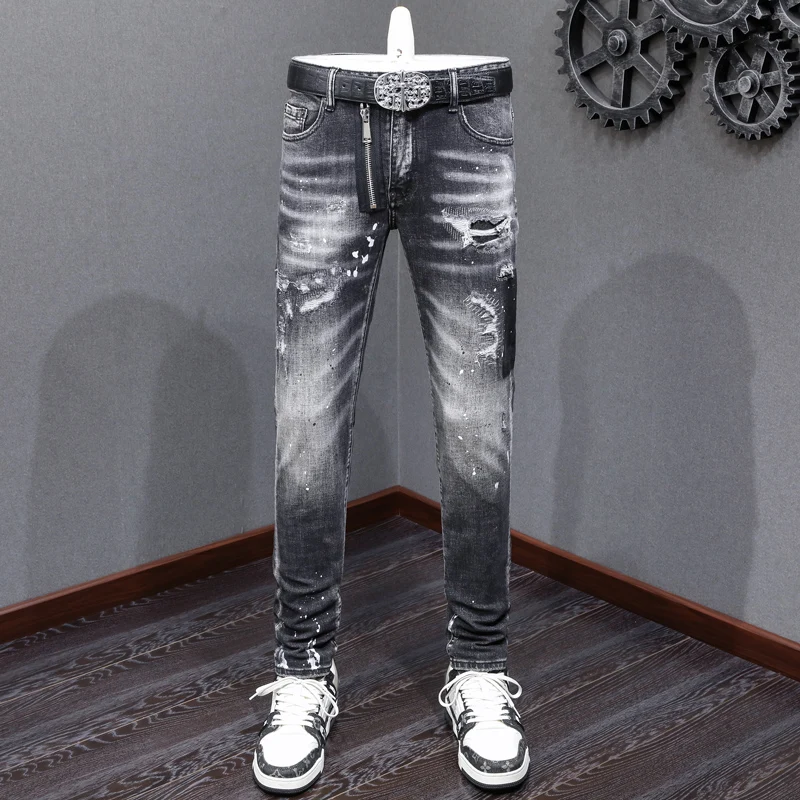 High Street Fashion Men Jeans Retro Black Gray Stretch Slim Fit Painted Ripped Jeans Men Patched Designer Hip Hop Brand Pants