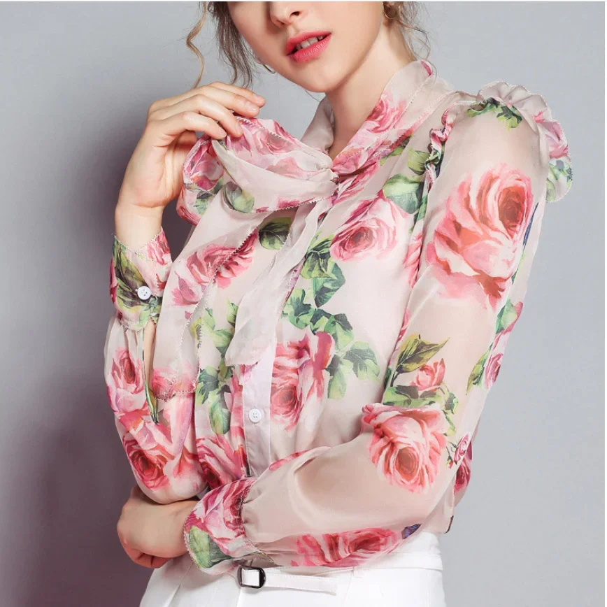 Luxury Office Ladies New Blouses Silk Full Sleeve Fashion Bow Rose Print High Quality With Lined Soft Autumn Top