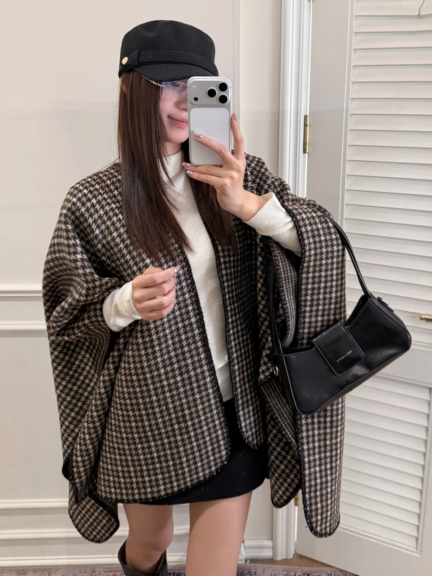 Vintage Old Money Style Houndstooth Cape Shawl Women's Autumn Warm Scarf Windproof Neck Guard Decorative Muffler