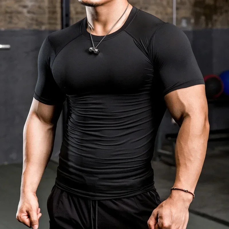 New Top Sports Running Shirt Mens T-shirt Fitness Quick Dry Gym Work Out Elastic Tights Muscle Compression MMA Clothing