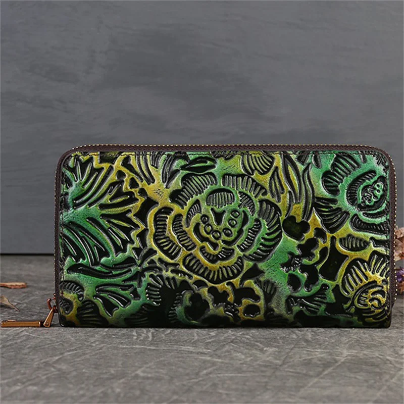 3D Floral Pattern Genuine Leather Purse Women Real Cow Leather Wallet Ladies Large Capacity Cowhide Clutch Hand Bag