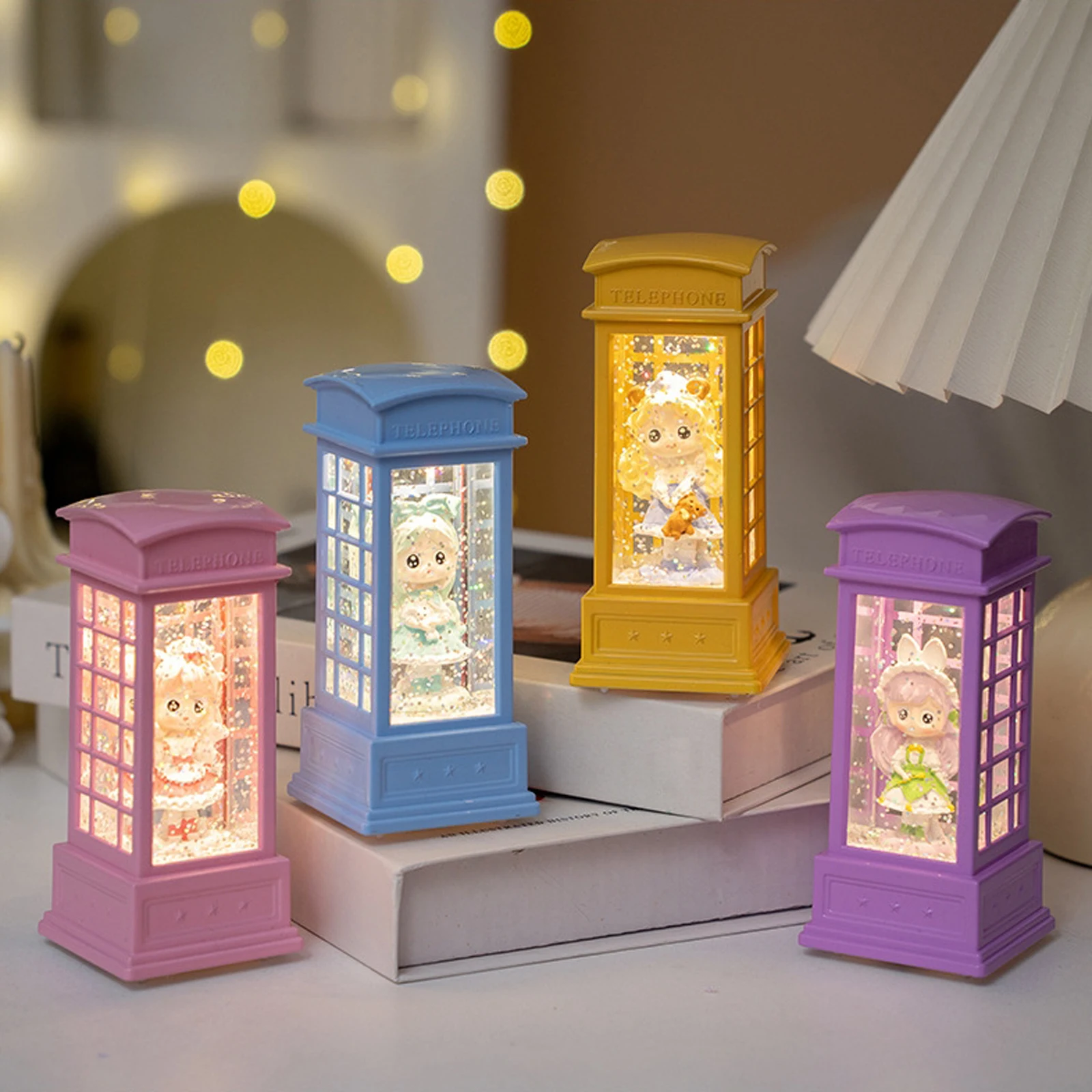 Cabine de telefone cheia de água para meninas, luz de vento, decoração de natal, cabine de telefone luminosa, luz noturna criativa, presentes de natal