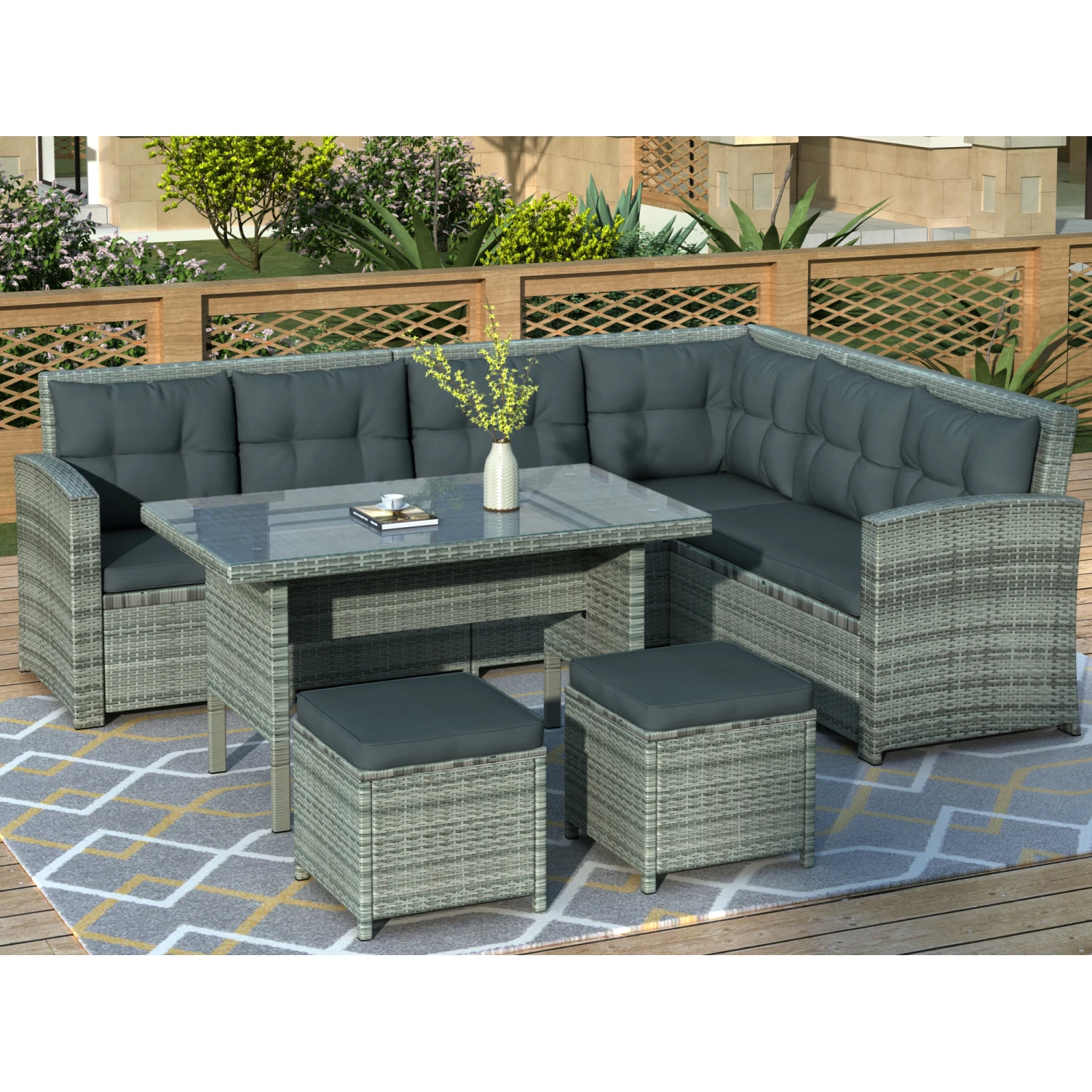 

TOPMAX 6-Piece Patio Furniture Set Outdoor Sectional Sofa with Glass Table, Ottomans for Pool, Backyard, Lawn (Gray)