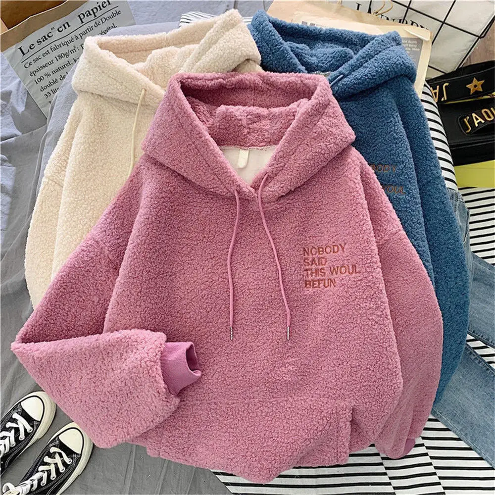 2023 Autumn Winter Hoodies Plus Velvet Thick Lamb Velvet Sweatshirt Kawaii Women\'s Trendy Korean Student Loose Coat Head