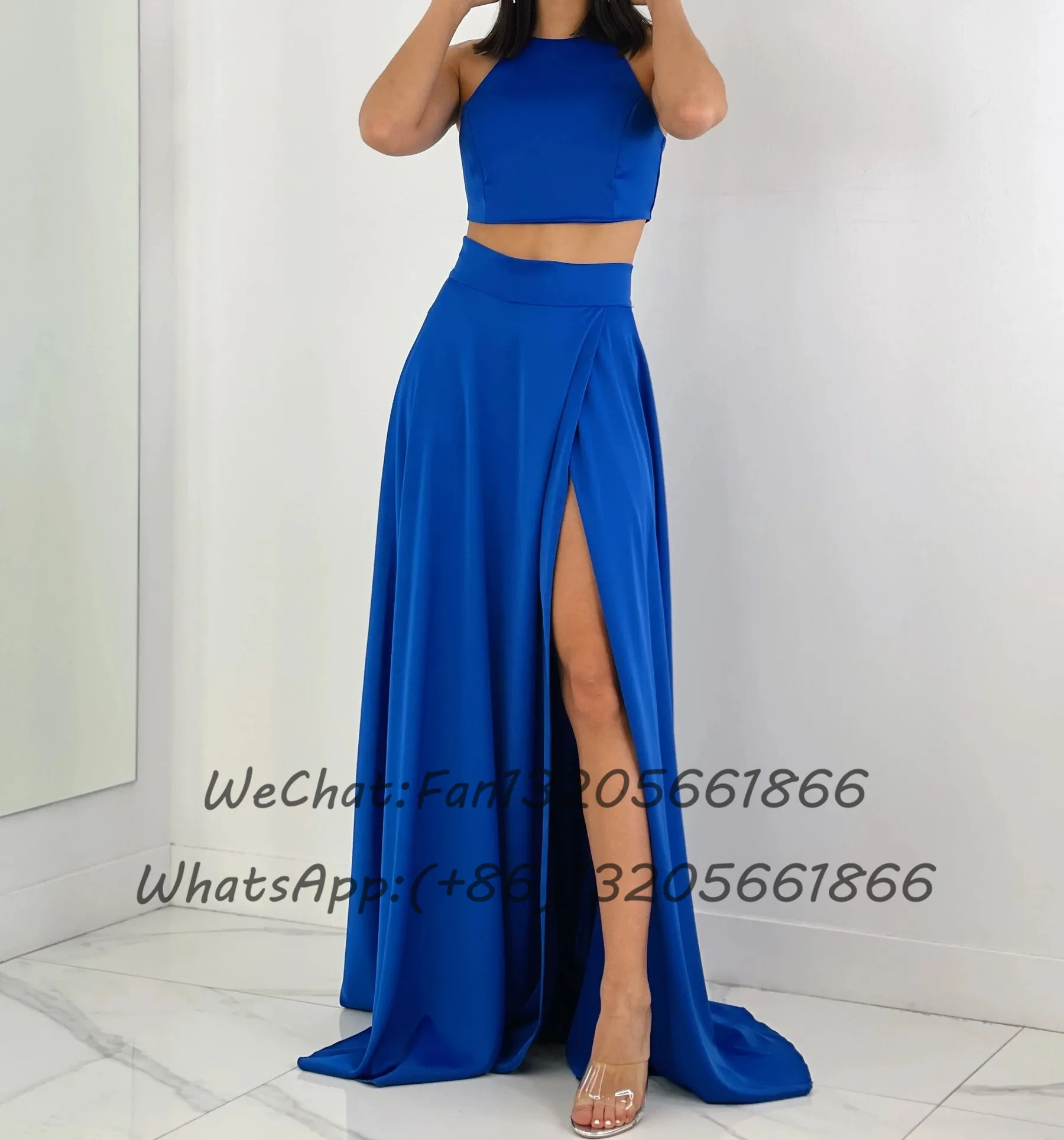 Royal Blue Satin Long Bridesmaid Dresses Two Pieces A-line Slit Jewel Neck Wedding Guest Dress Spaghetti Straps Prom Party Gown