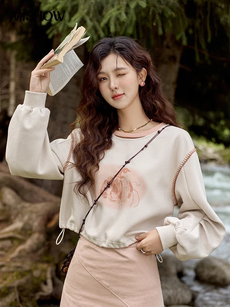 MISHOW Cartoon Letter Round Neck Hollowed Out Short Hoodie Female 2024 Autumn Korean Casual Versatile Long Sleeve Top MXD43V0089