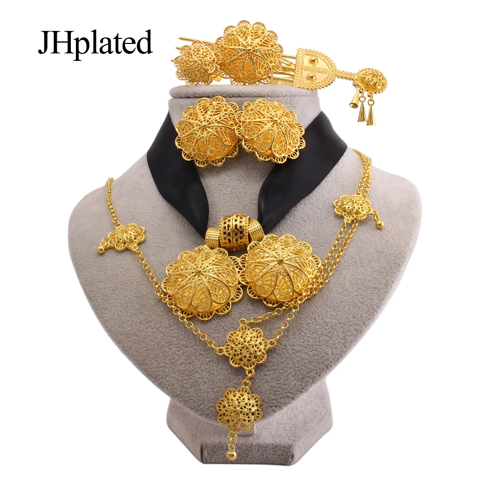 Ethiopian gold plated Jewelry sets earrings hairpin necklace bracelet rings African wedding gifts India Black rope set for women