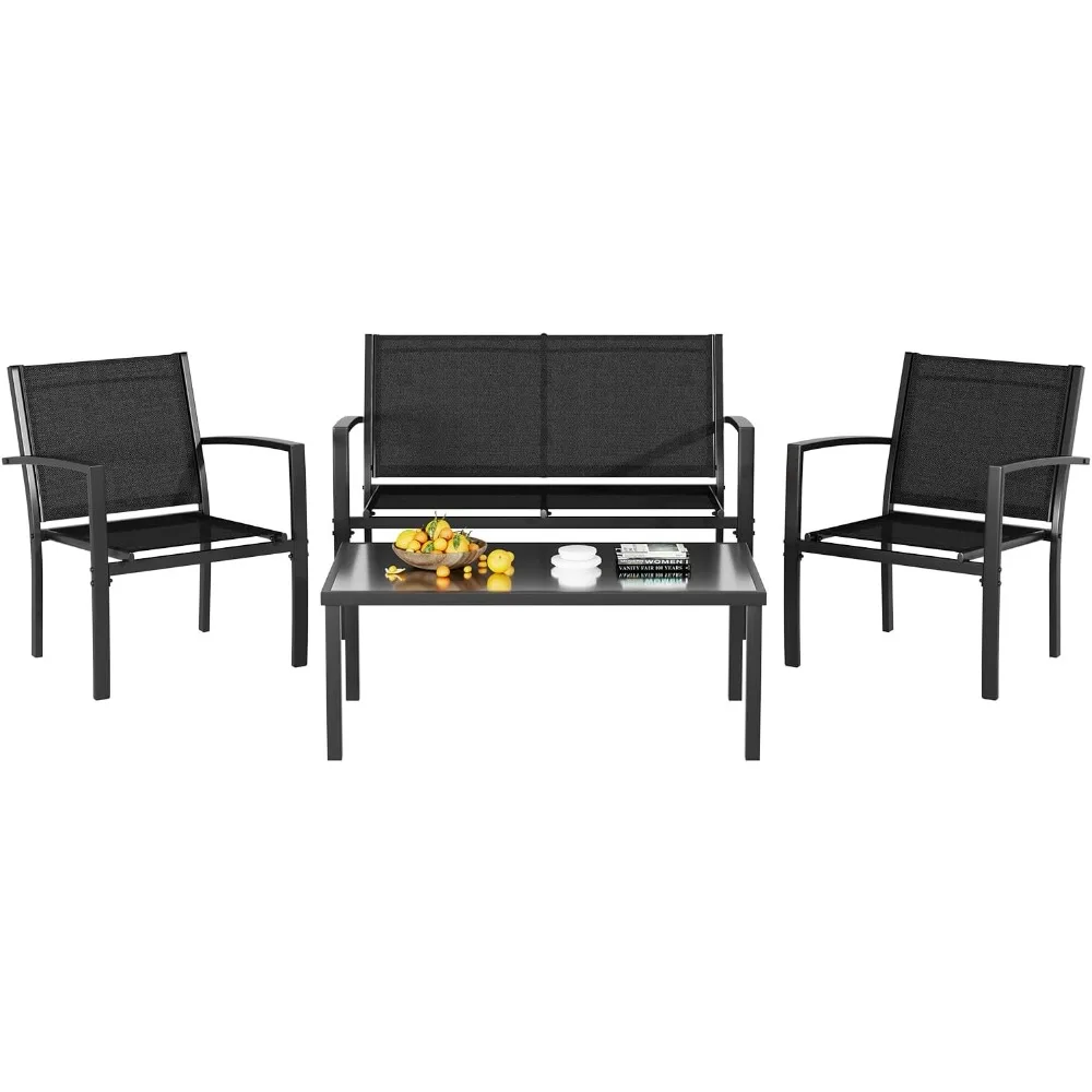 Greesum 4 Pieces Patio Furniture Set, Outdoor Conversation Sets for Patio, Lawn, Garden, Poolside with A Glass Coffee Table,