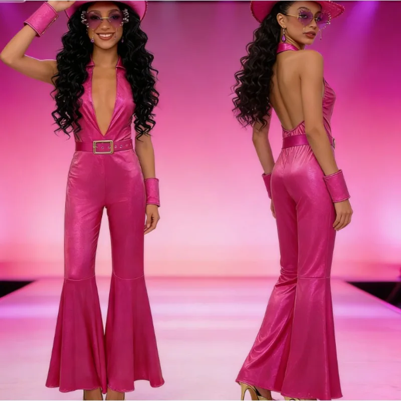 

Новый костюм в стиле хиппи-диско для взрослых, ретро-комбинезон с расклешенными брюками, наряд для маскарада, хип-хоп костюм для мужчин и женщин