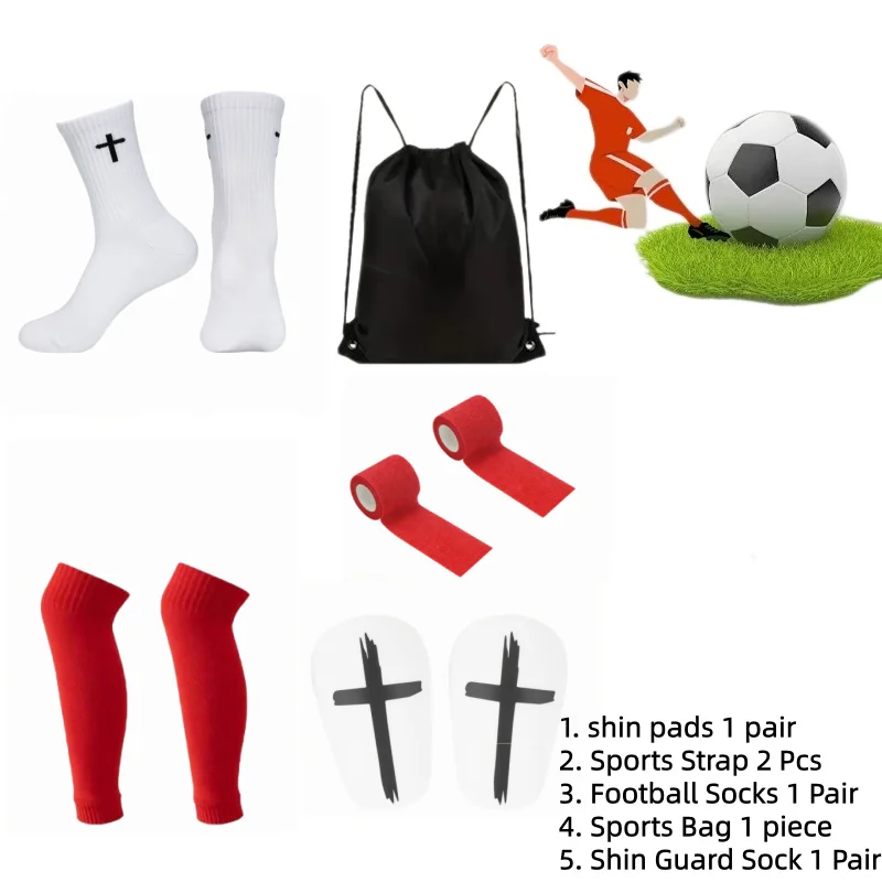 Complete Football Protective 5Piece Set Soccer Shin Guards with Socks Sports Bandage Storage Bag for Adult Teen