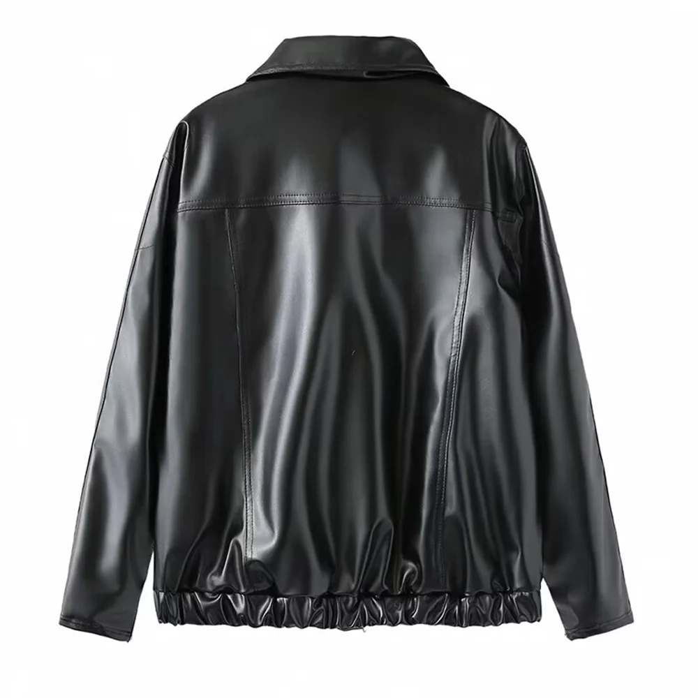 2024ZAR Spring/Summer New Women\'s Wear European and American Style Fashion Design Feel Sweet Cool Bow Black Leather Coat