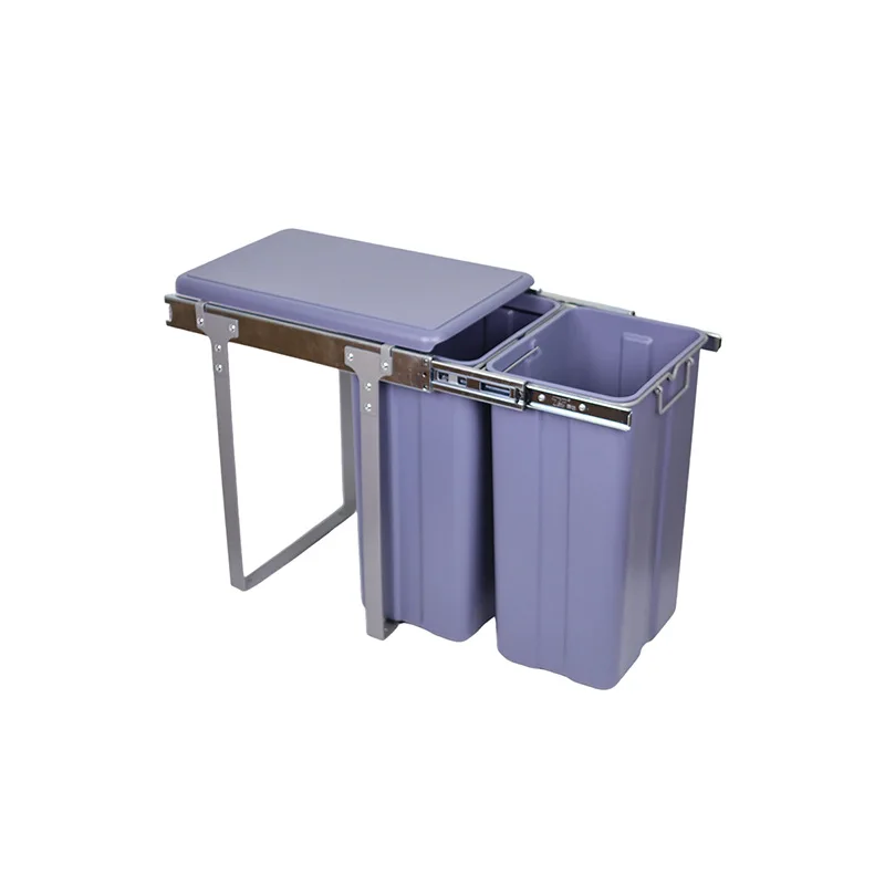 Kitchen Built-in Trash Can Cabinet Kitchen Double Bucket Household Pull-out Basket with Lid, Hidden Cleaning Bucket Dry