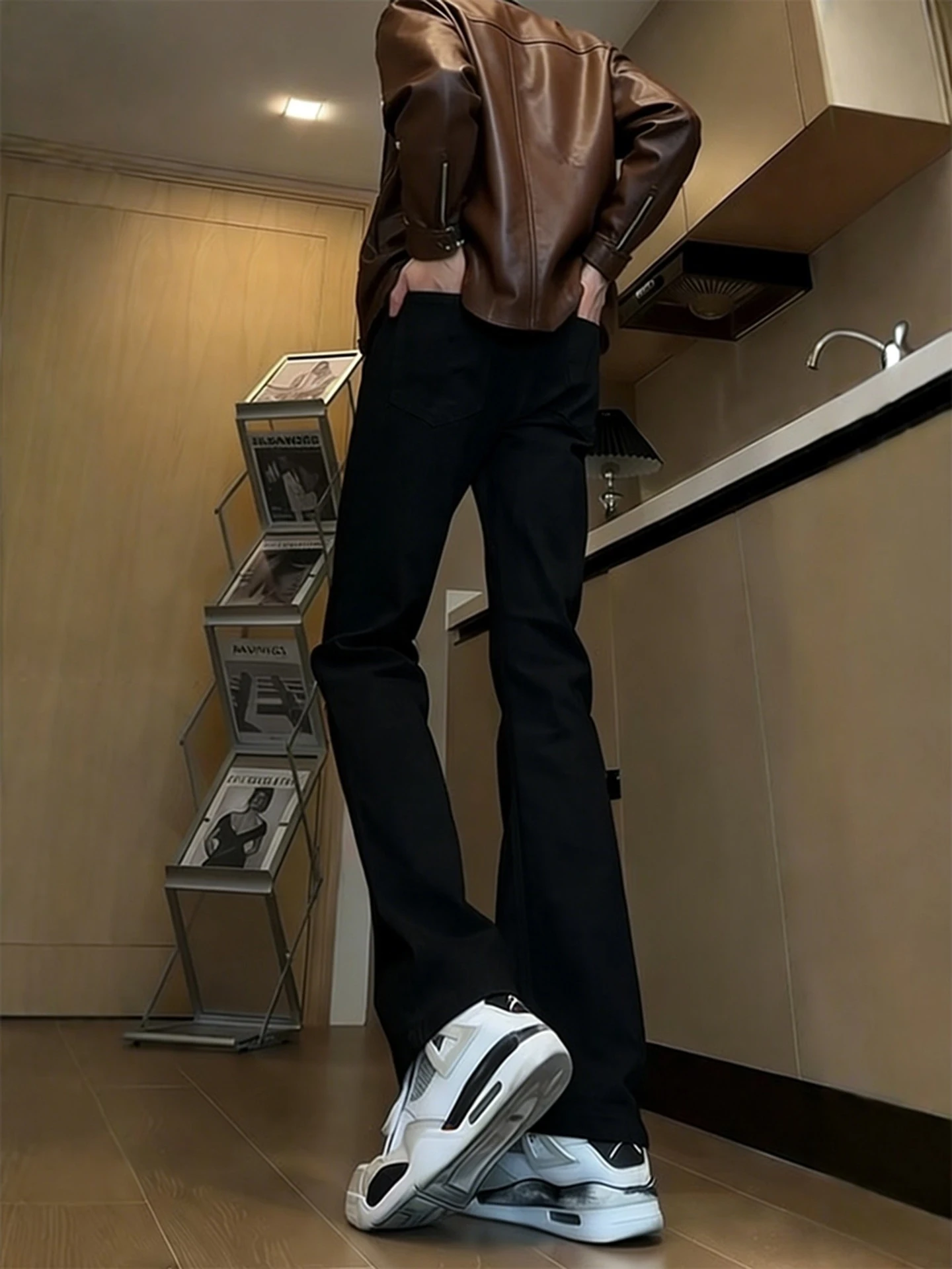 

Bla Fce Lined Wide Leg Jeans Men's American High Street Elastic Slimming Long Leg Straight Cut Trousers Clean Fit Jeans