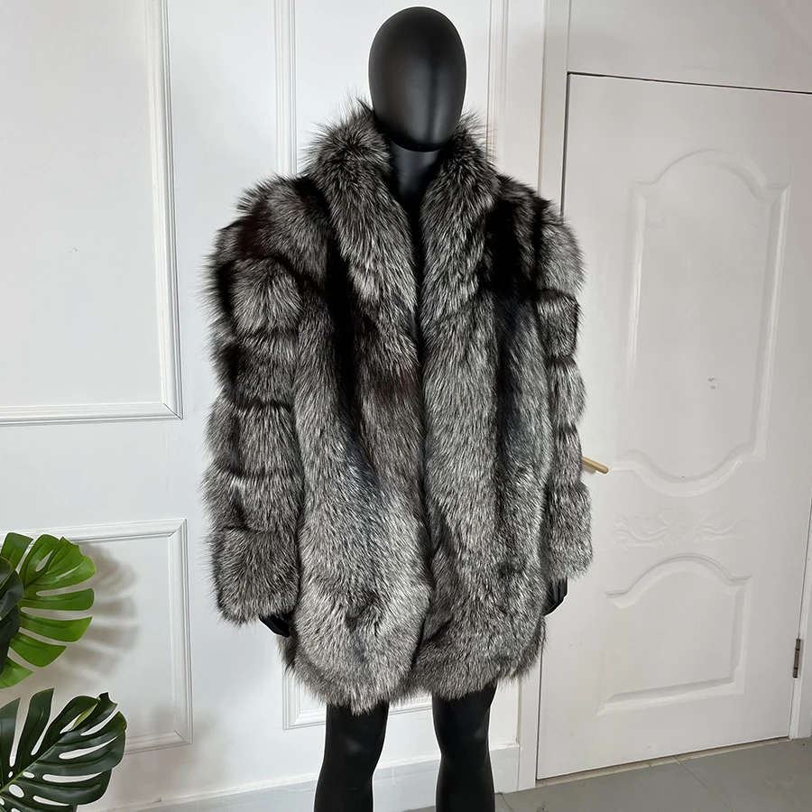 

Winter Coat Men Real Sliver Fox Fur Jacket Long Fur Outwear Stand Collar High Quality Warm Real Fur Coat